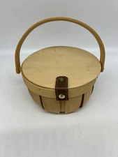 Round Picnic Style Basket With Leather Hinge 6.5” In Diameter