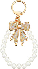 2Pcs Rhinestone Bow Keychain for Women, Initial Pearl Chains Sparkly Bow Backpac
