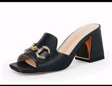324. Gihubafuil Black Sandals Peep Toe Slides Chunky Heel Mules Band SlipOn