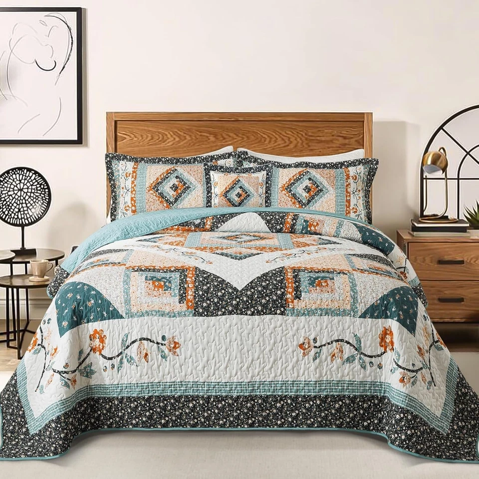 Floral Cotton Twin Size Bedspread Set - Lightweight Quilt XL - Image 3 of 4