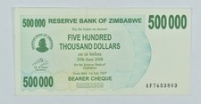 2007 Zimbabwe 500,000 Dollars Bearer Cheque *7448