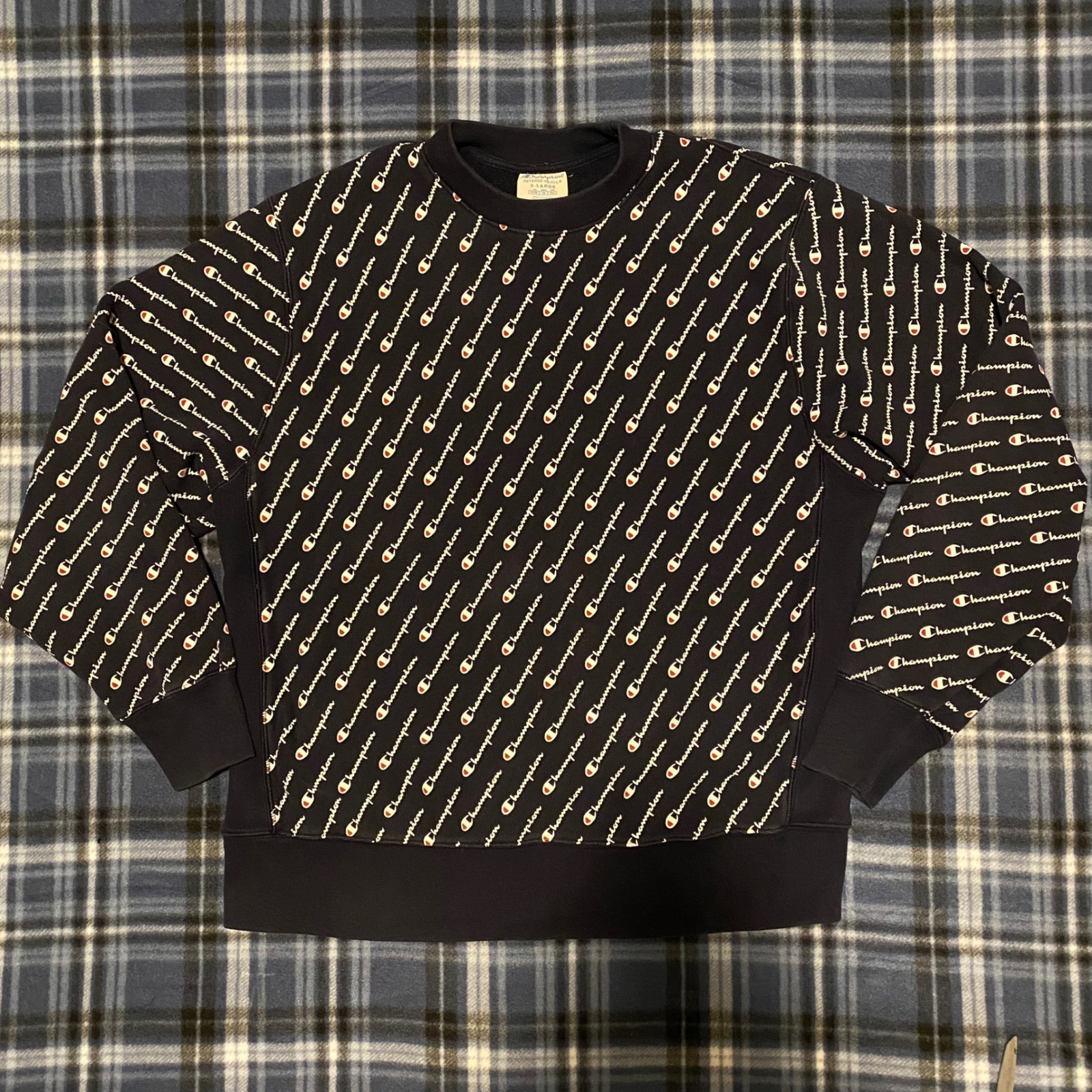Champion Reverse Weave Sweatshirt Mens XL Navy Blue All Over Logo VTG Crewneck