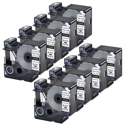 8PC 3/4'' Dymo Rhino 5000 Black on White Flexible Nylon Label Tape A18489
