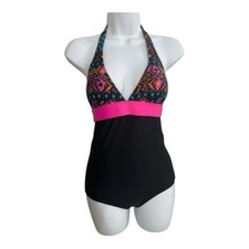Pink Black Women Swimsuit One Piece Size M Halter Neck Tie Back Open Back Beach 
