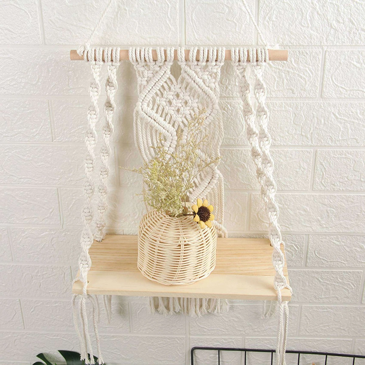 2X Boho Macrame Wall Hanging Shelf Handmade Woven Tassel Tapestry Rack Wood3840