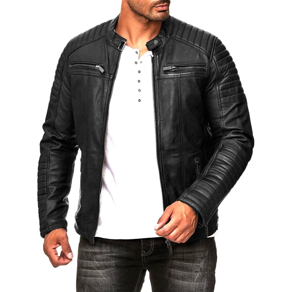 Cafe Racer Style Men's Leather Jacket Genuine Sheep Skin Motorcycle Biker Black - Image 3 of 4