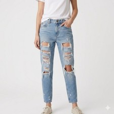 H M Denim Women's Boyfriend Jeans Size 0 Low Waist Light Wash Distressed Cotton