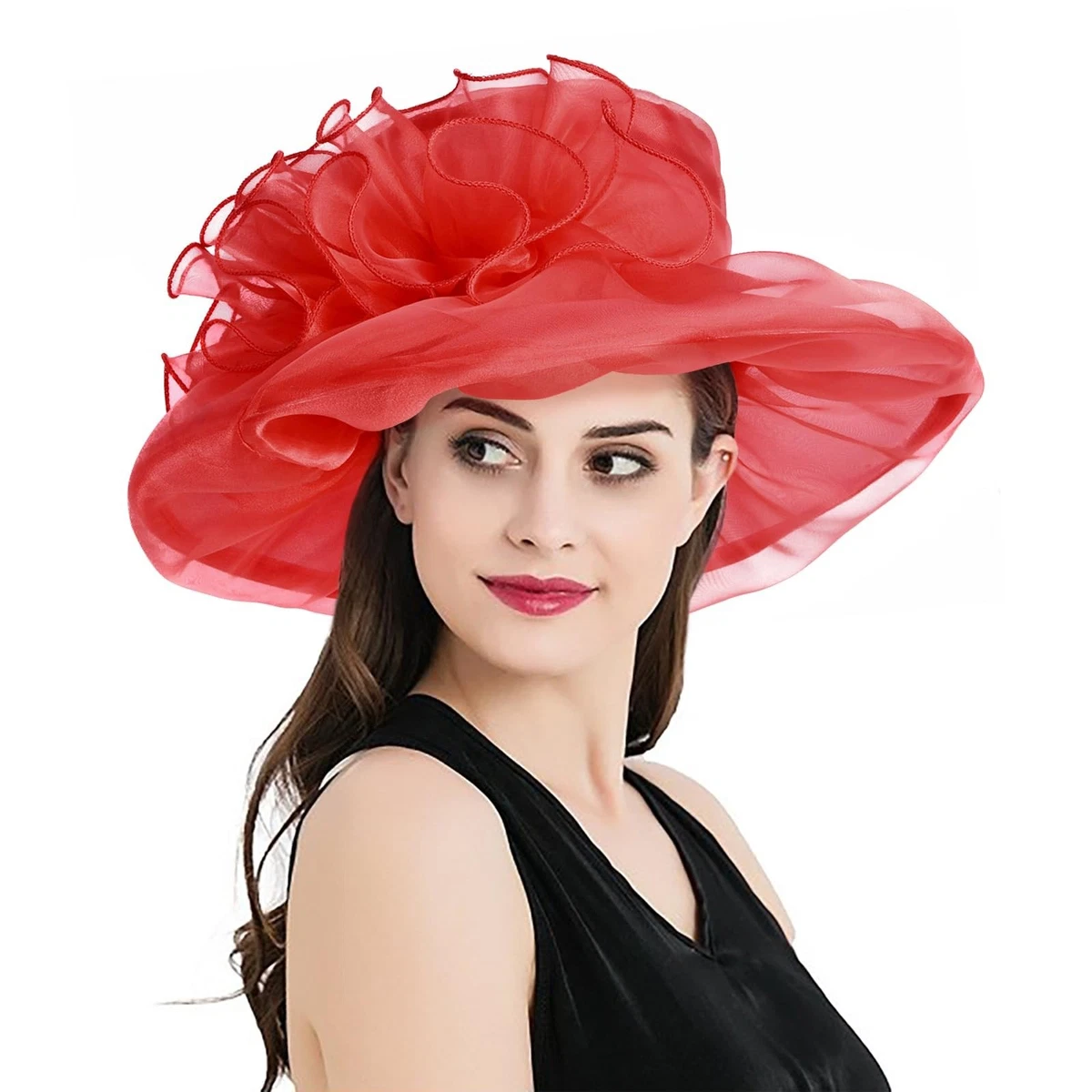 Vintage 90s Dramatic Betmar New York Sheer Red Wide Brim Dress Hat Church Derby Red Formal Hats for Women for sale - eBay main image 2