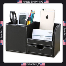 Desk Organizer Pen Holder with Small Drawer and Multi-Compartment Black
