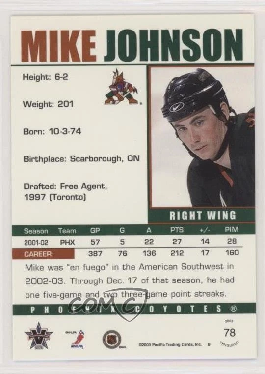 2002-03 Pacific Vanguard Mike Johnson #78 - Image 2 of 2