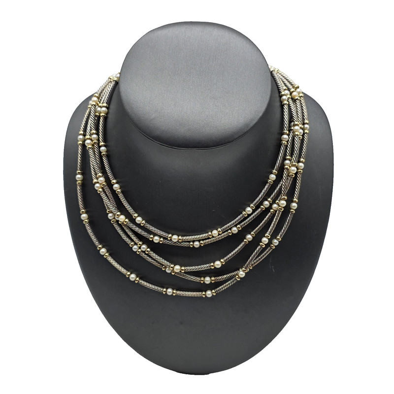 David Yurman DY Sterling Silver 14k YG 3 Cable 3mm Pearl Necklace 15" 1505437