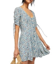 Free People Floral Lace Up Mini Dress Size XS Blue Ivory Boho Cottagecore