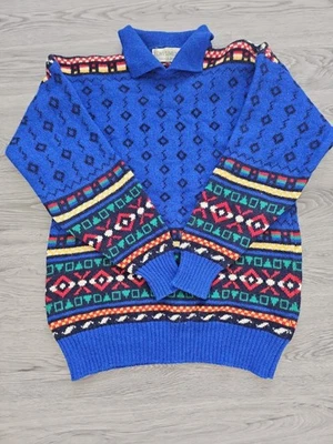 Vintage Pure New Wool Fair Isle Jumper | 90s Blue Nordic Sweater Collared Knit - Image 1 of 4