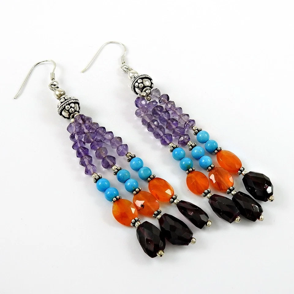 Real 925 Sterling Silver Briolette Turquoise Carnelian Earrings Christmas Gift - Image 4 of 4