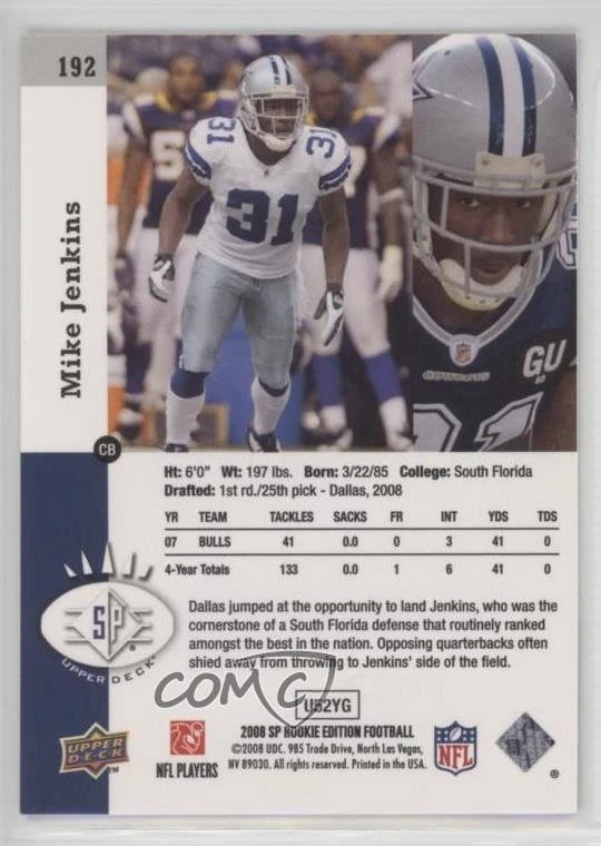 2008 SP Rookie Edition Premier Prospects Mike Jenkins #192 RC - Image 2 of 2