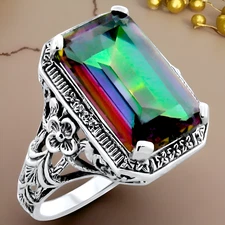 ART DECO STYLE 7 CARAT MYSTIC QUARTZ 925 STERLING SILVER FILIGREE RING      #359