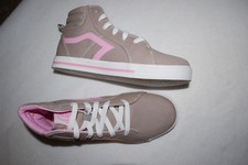 Girls Shoes BEIGE CANVAS HIGH TOPS SNEAKERS Pink Accents LACE UP Size 5