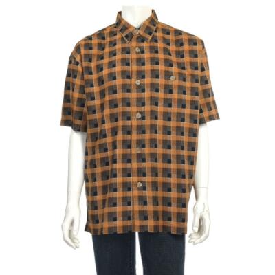 SIGNUM Shirt Sz. M Short Sleeve Plaid Cotton Blend Squares Orange Black