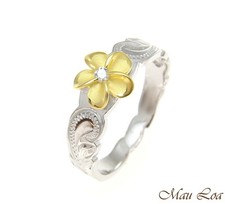 925 Sterling Silver Rhodium Hawaiian Scroll Yellow Gold CZ Plumeria Flower Ring