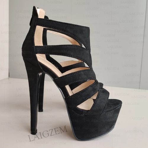 Women's Stiletto Heel Gladiator Sandals - Peep Toe Cage Bootie Shoes For Dance Party, Suede Black Size 42 - View #8