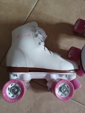 Chicago Quad Roller Skates Kids Size 3 White Leather Pink Wheels With Knee Pads