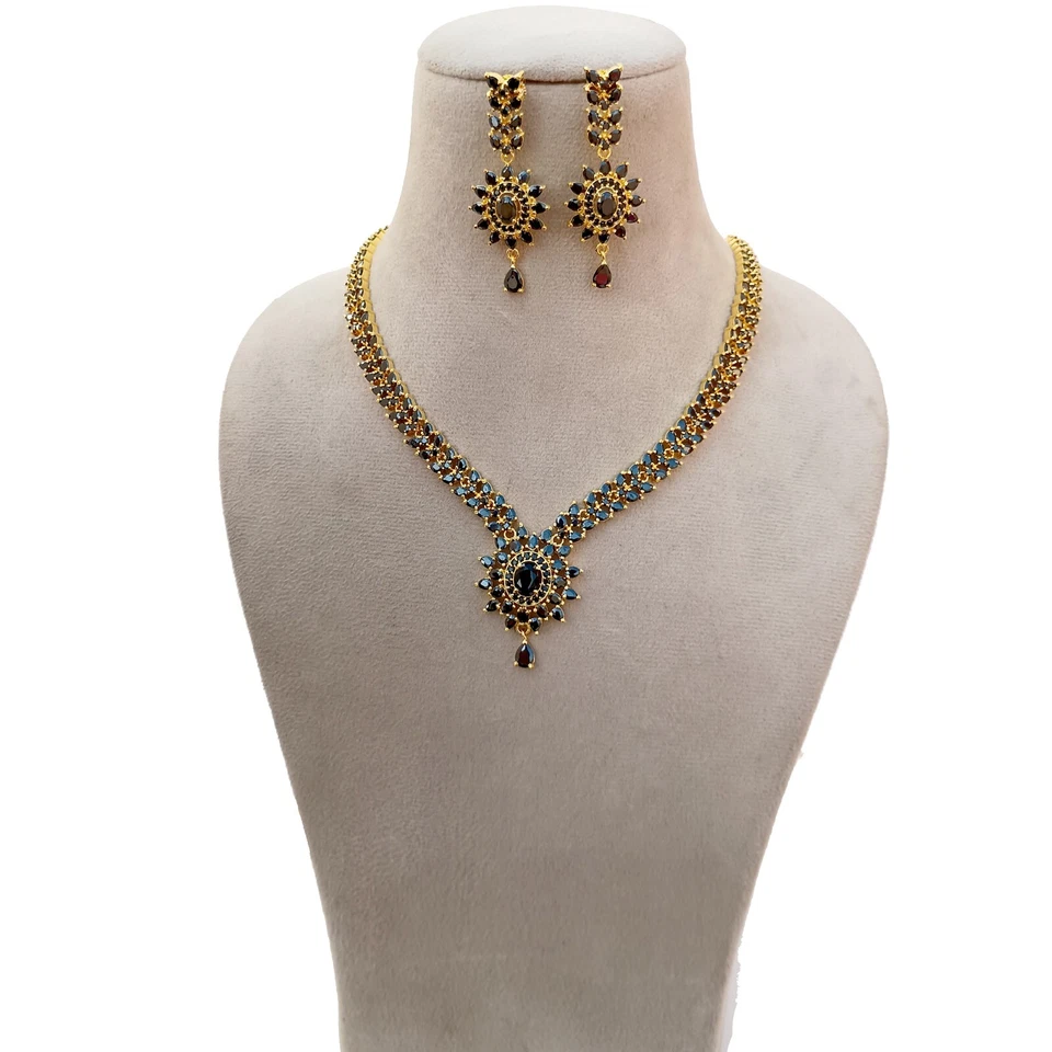 Bridal Wedding Party Wear Black Onyx CZ Gold Plating Choker Necklace & Earrings - Image 2 of 4