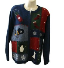Christmas Full Zip Sweater Sz Large Snowman Snowflakes Croft  Barrow Colorblock