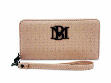 Women’s Beige Zip-Around Wristlet Wallet w/ Wrist Strap, Logo, Geometric
