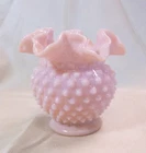 Vintage Fenton Art Glass Pink Pastel 4 1/4" Ruffled Rim Hobnail Rose Bowl Vase