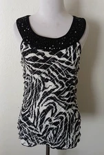 Cato Sleeveless Blouse Small Beaded Neckline Black White Animal Print Ruffle Top