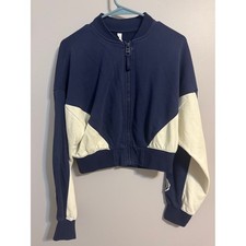 Fabletics Navy and Cream Colorblock Zip-Up Crop Yoga Workout jacket Women's S