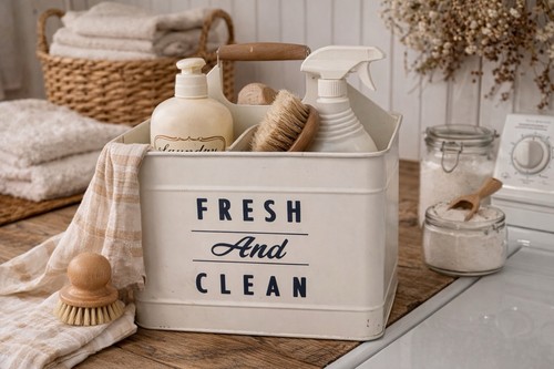 Farmhouse Metal Cleaning Caddy “Fresh And Clean” Wood Handle Laundry Room