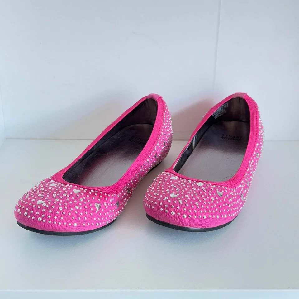 Stuart Weitzman Girls Ballet Flats Size 2 Pink Sally Evelyn Silver Studs - Image 2 of 4