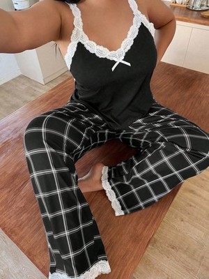 Plus Size Kontrast Farben Spitze Patchwork Trägerhemd & Karierte Hose Billig24