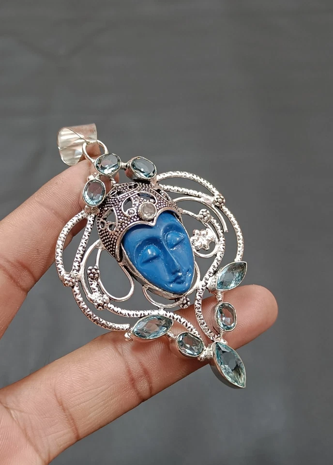 Handmade Aquamarine Gem Pendant Sterling Silver Face Stone Pendant Gift for Her - Image 2 of 4