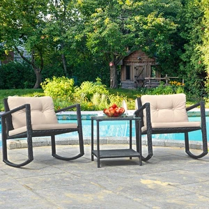 3PCS Rattan Rocking Chair Table Set Patio Furniture Set w/ Cushions