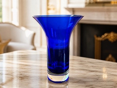 Cobalt Blue & Clear Translucent Glass Flared Vase   Solid Pattern 8  