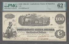 T40 PF-1 1862 $100 Confederate States of America CSA S/N 64650 PMG 62 EPQ