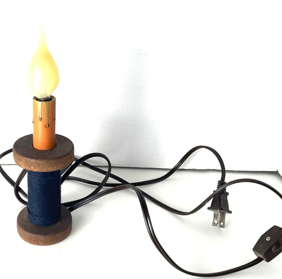 Wooden Spool Accent Lamp Blue Thread 7'' Pre Owned