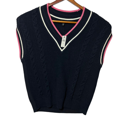NWT Talbots Drop Shoulder Cable Knit Sweater Vest Blue Pink SZ M Preppy Tennis