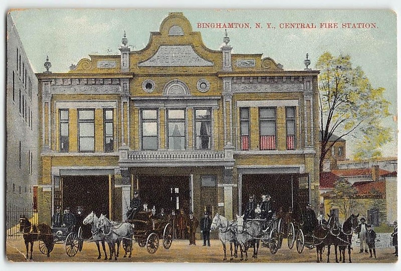 Binghamton, New York Central Fire Station Horse Carriages 1911 Antique Postcard
