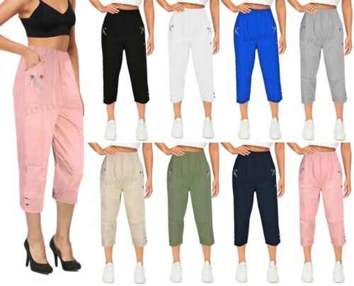 Women Capri Trousers Elasticated Pull On Ladies Three Quarter Cropped 3/4 Pants  - Picture 1 of 21