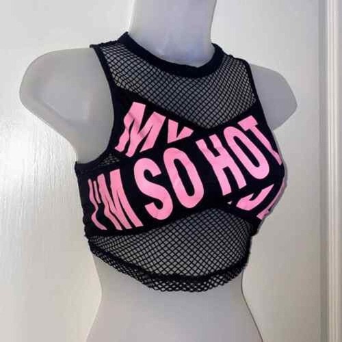 New Small Mesh I'm So Hot Pink Tape Crop Top Punk Grunge Retro Neon Black - 第 2/4 張圖片