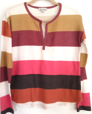 Allison Joy Top Women Medium Multicolor Striped V-Neck Waffle Knit Coastal Beach