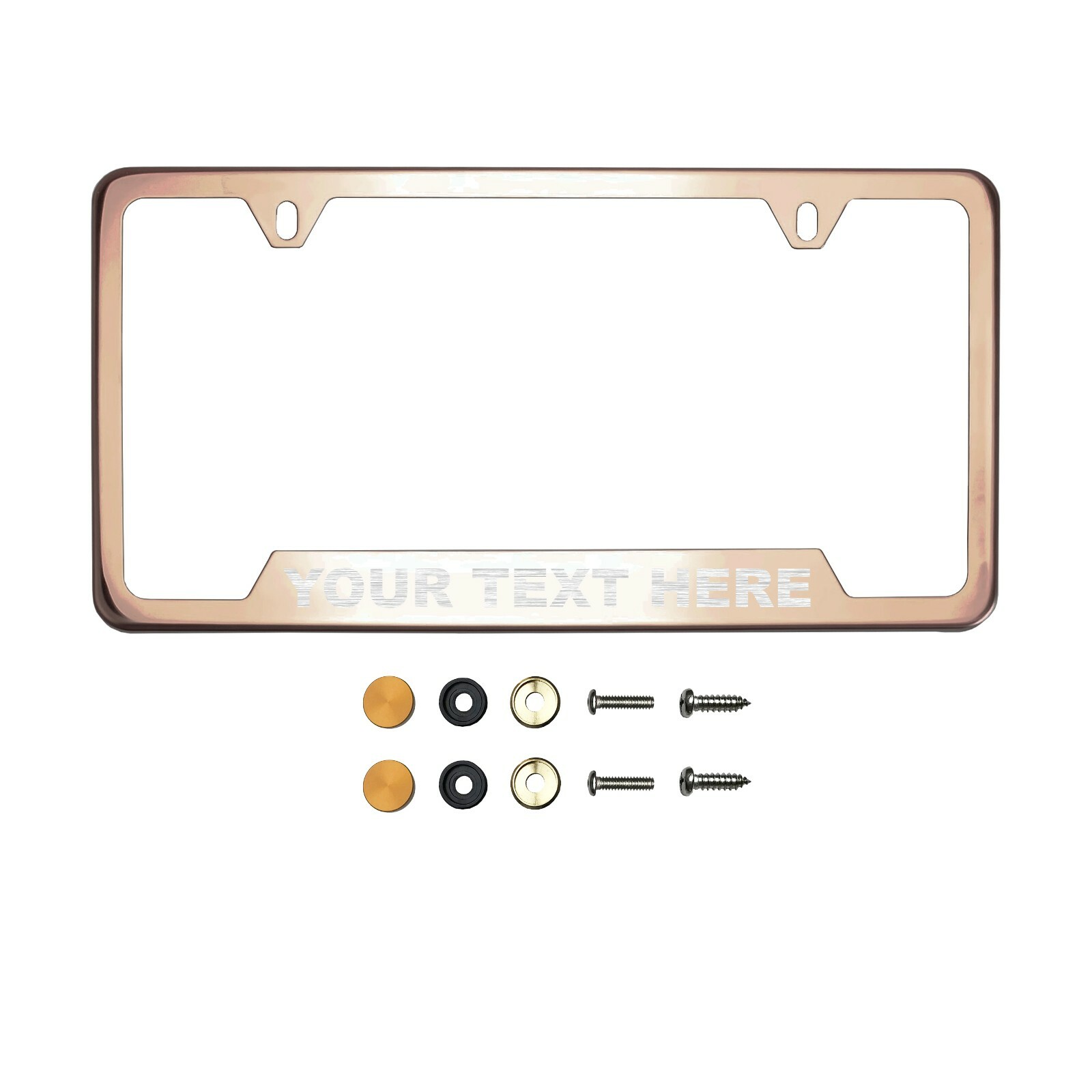 Bottom Corner Cut Out Rose Gold Chrome License Frame  Laser Etched+Screw Cap