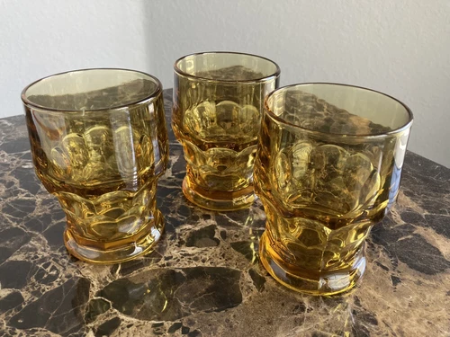 3 Vintage Georgian Amber Anchor Hocking Honeycomb Drinking Glasses Tumblers