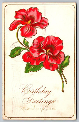 Postcard A Birthday Greeting With Embossed Red Flowers VTG c1909