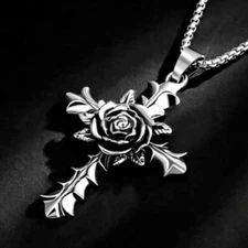 Silver Rose Cross Pendant Necklace Rosicrucian Christian Jewelry Box Chain 24"