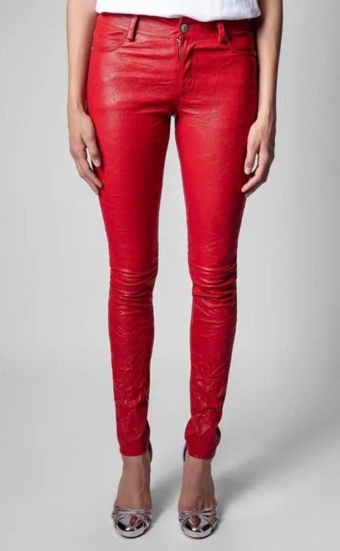 Zadig & Voltaire Phlame Crinkle Leather Pants Stretch Red $898 Sz
