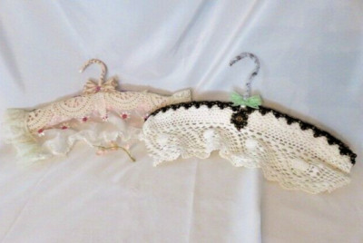 Vintage set of 2-Satin padded & Lace Crochet Covered Hangers w/Sequins/Handmade